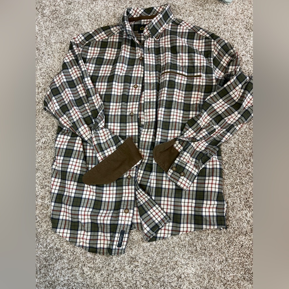 Cabela’s Men button flannel, green/brown - size M